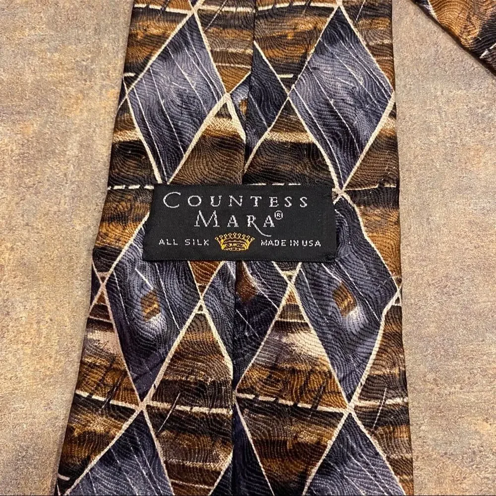 Countess Mara 100% Silk Tie Neutral Colors Geometric Pattern Browns Grays Cream